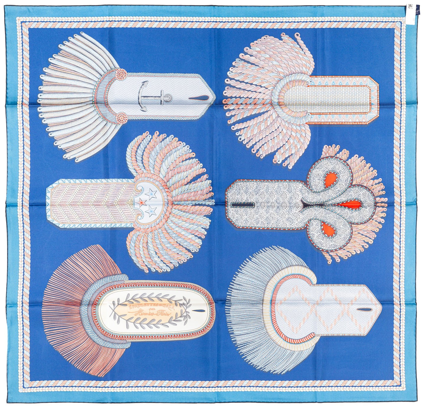 Hermes Scarf 90 Epaulettes de Gala - Double Face - Marine Bleu Azure - New - 2511041820