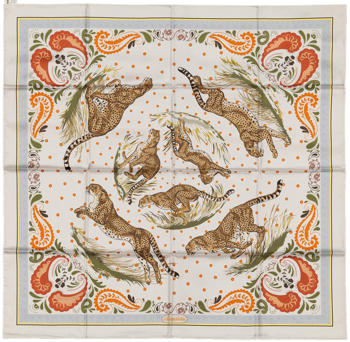 Hermes Silk Scarf Guepards Bandana - Double Face - Gris Perle Orange - NWSTS - 2604131904