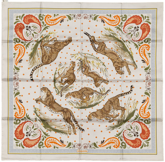 Hermes Silk Scarf Guepards Bandana - Double Face - Gris Perle Orange - NWSTS - 2604131904