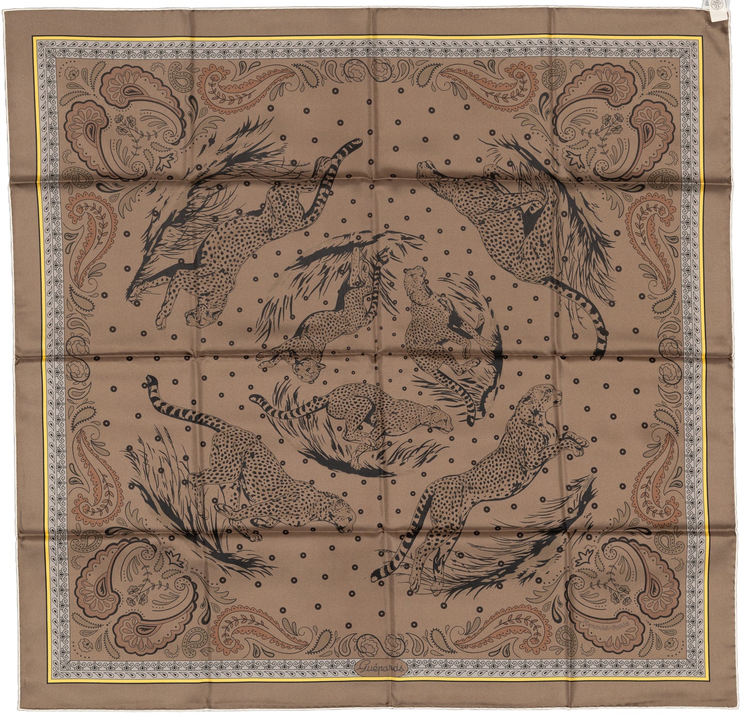 Hermes Silk Scarf Guepards Bandana - Double Face - Gris Perle Orange - NWSTS - 2604131904