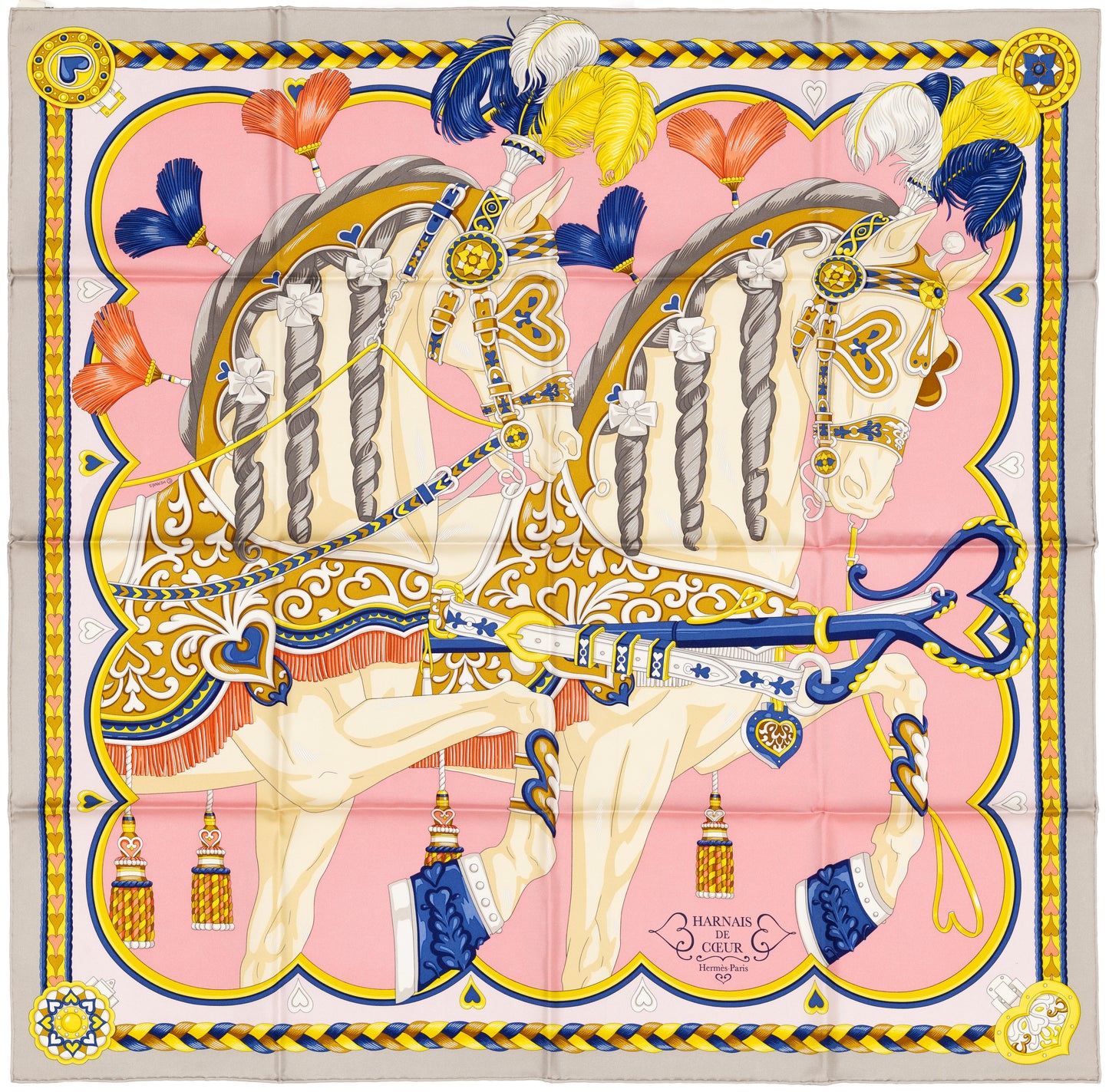 Hermes Silk Scarf Harnais De Coeur - Gris Perle Rose Bonbon - NWSTS - 2604131741