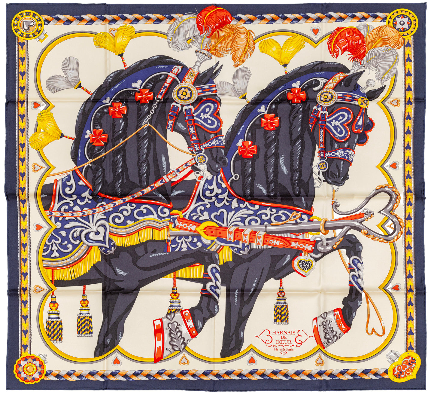 Hermes Silk Scarf Harnais de Coeur - Bleu Noir Creme - NWSTS - 2607011304