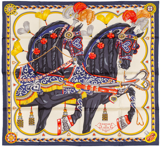 Hermes Silk Scarf Harnais de Coeur - Bleu Noir Creme - NWSTS - 2607011304
