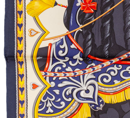 Hermes Silk Scarf Harnais de Coeur - Bleu Noir Creme - NWSTS - 2607011304