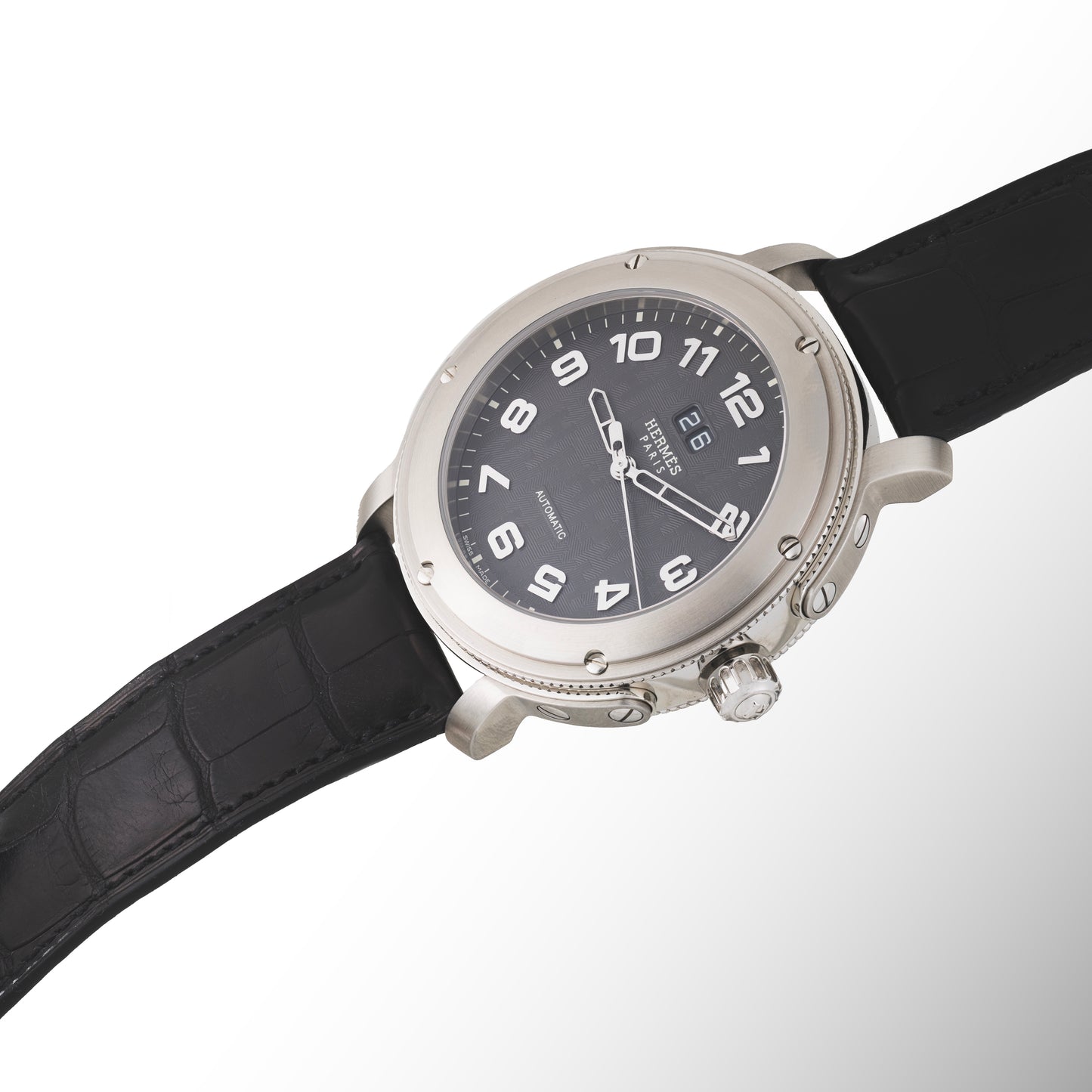 Hermes Watch Clipper H1 Grande Date - SS - Alligator Strap - NEW - 2411141308