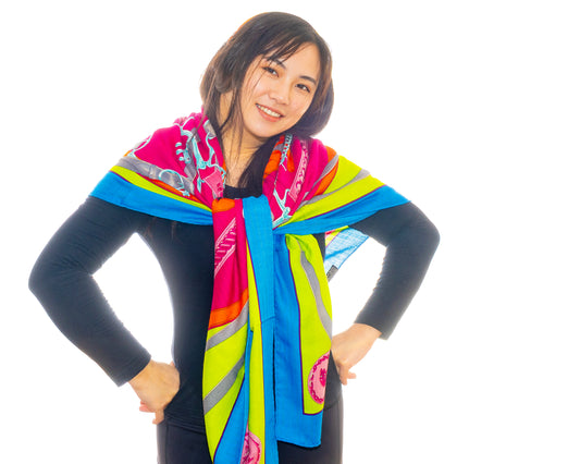 Hermes Shawl La Promenade du Matin - CS140 - Bleu Azur Vert Fluo Fuschia - NEW