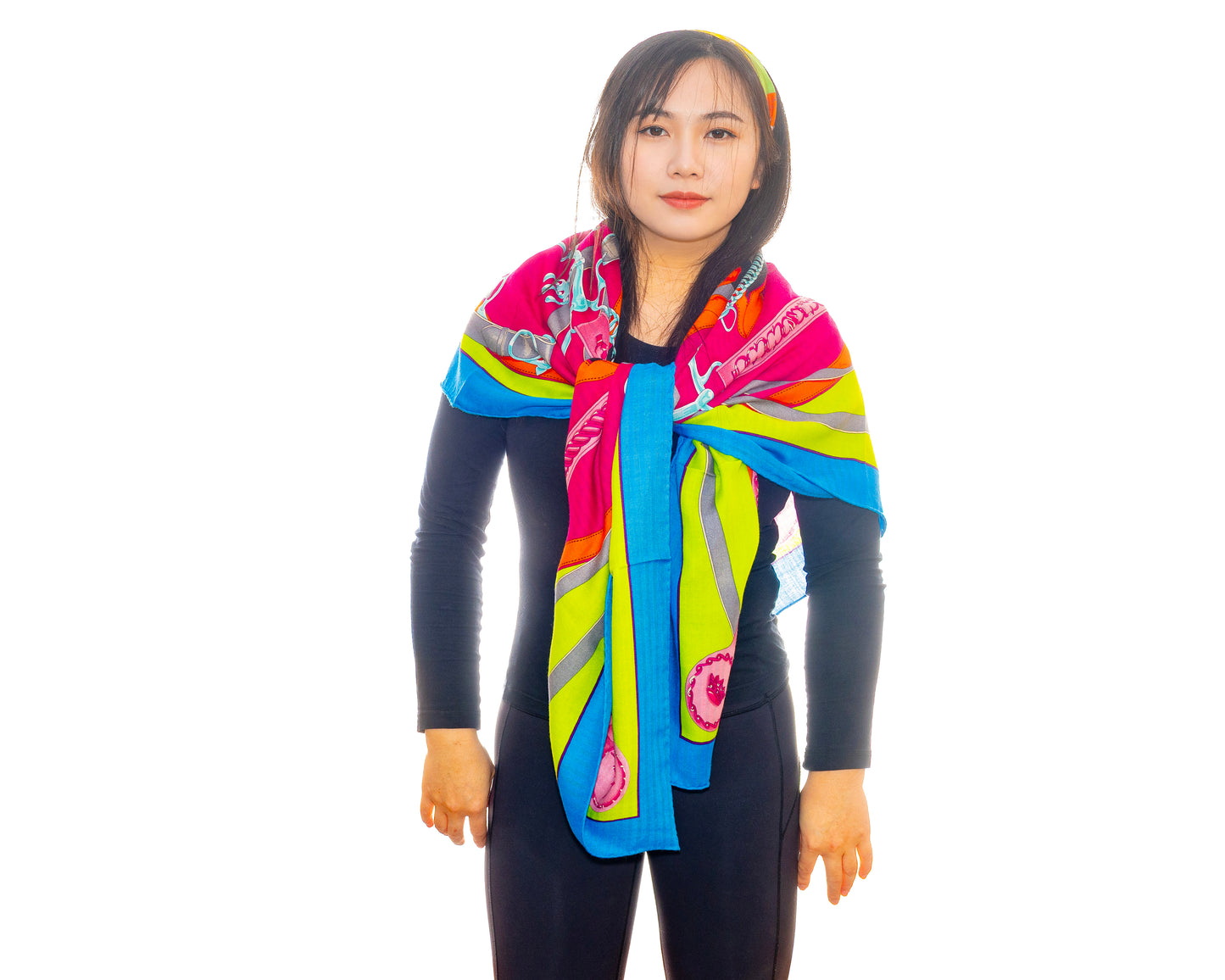 Hermes Shawl La Promenade du Matin - CS140 - Bleu Azur Vert Fluo Fuschia - NEW