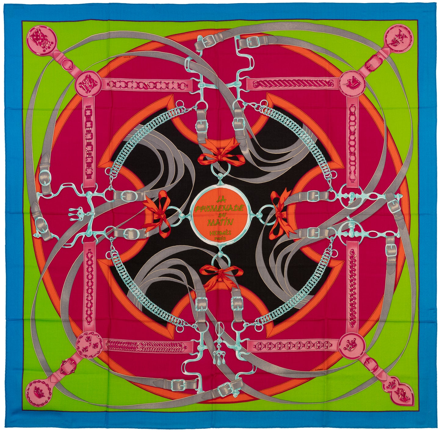 Hermes Shawl La Promenade du Matin - CS140 - Bleu Azur Vert Fluo Fuschia - NEW