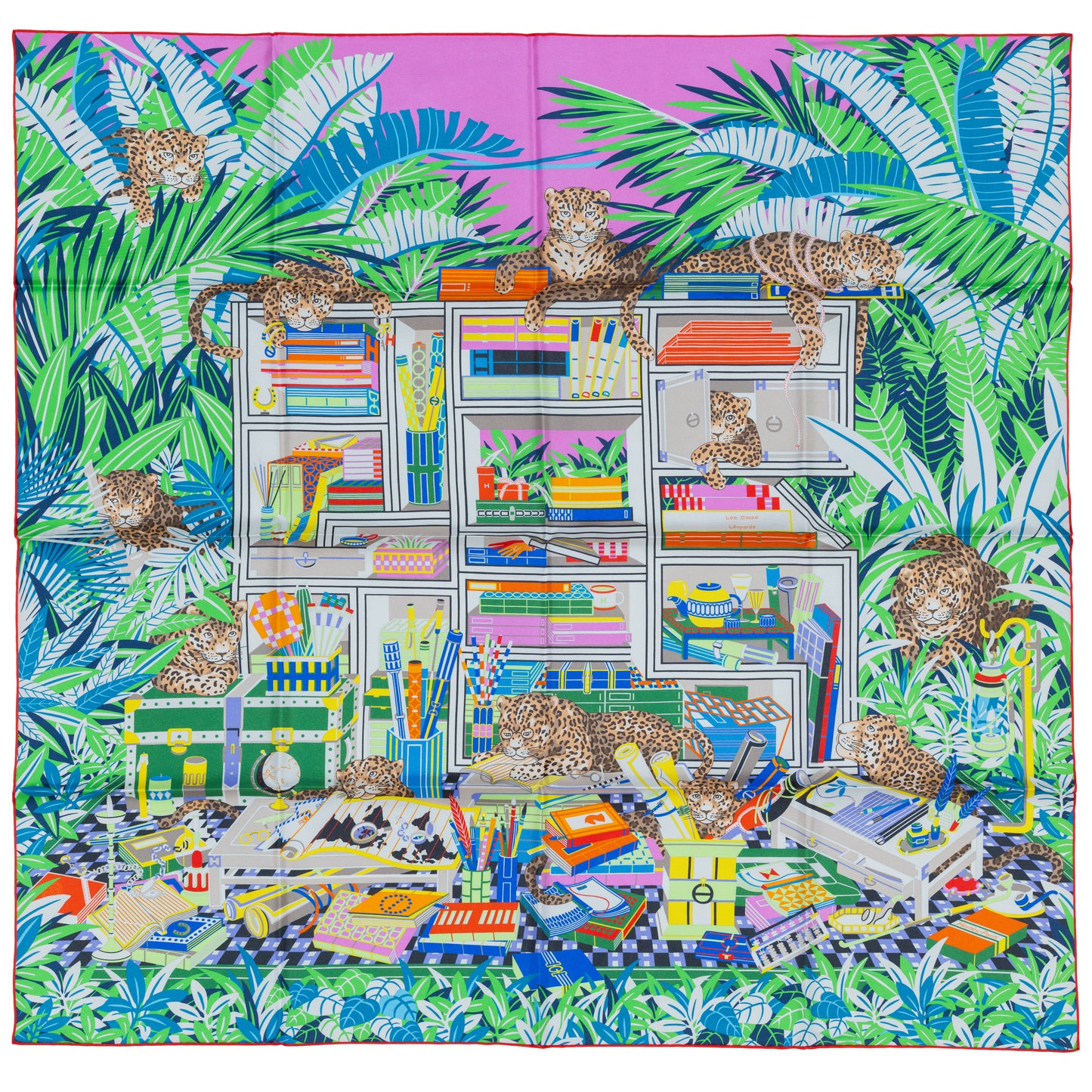 Hermes Scarf 90 Les Douze Léopards – Double Sided – Rose Bonbon Vert Vif Jaune – NWCTS – 2504281956