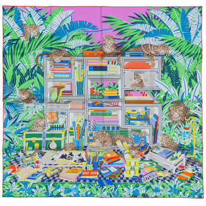 Hermes Scarf 90 Les Douze Léopards – Double Sided – Rose Bonbon Vert Vif Jaune – NWCTS – 2504281956