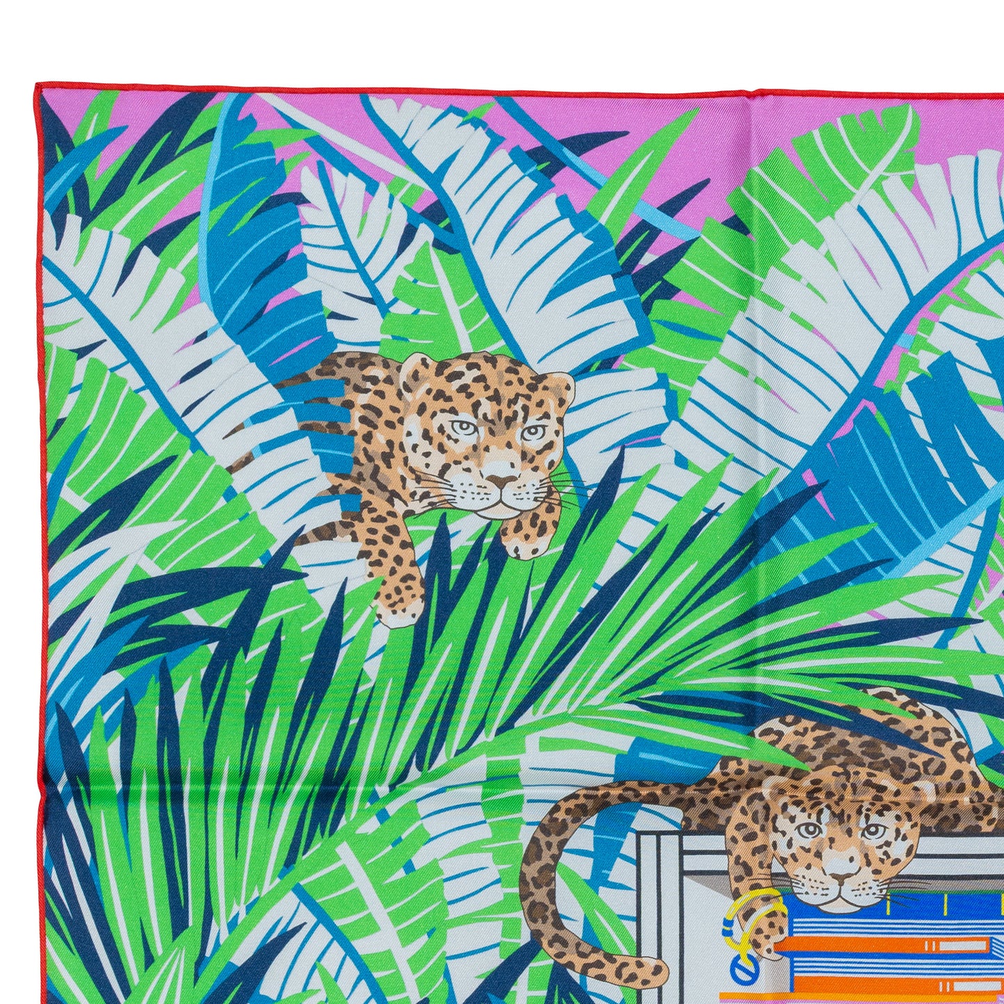 Hermes Scarf 90 Les Douze Léopards – Double Sided – Rose Bonbon Vert Vif Jaune – NWCTS – 2504281956