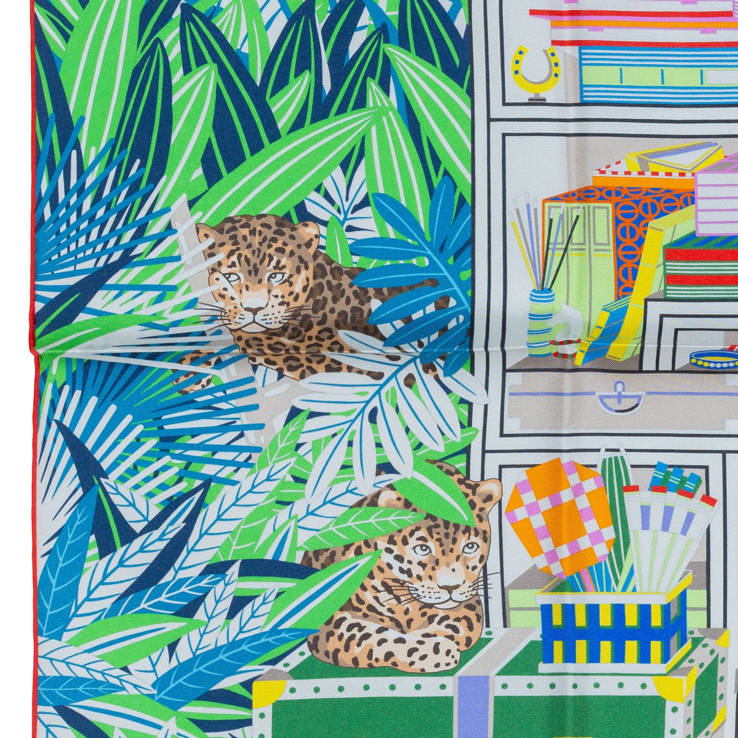 Hermes Scarf 90 Les Douze Léopards – Double Sided – Rose Bonbon Vert Vif Jaune – NWCTS – 2504281956