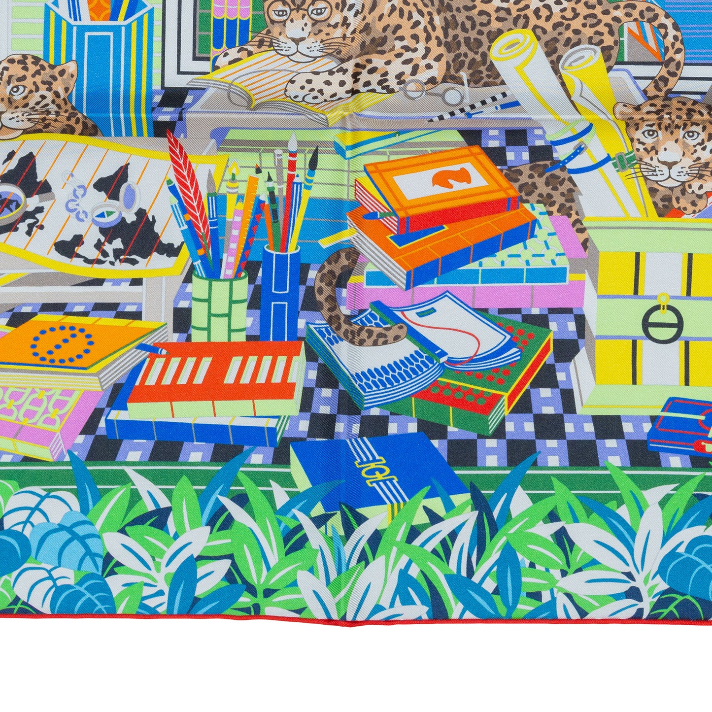 Hermes Scarf 90 Les Douze Léopards – Double Sided – Rose Bonbon Vert Vif Jaune – NWCTS – 2504281956
