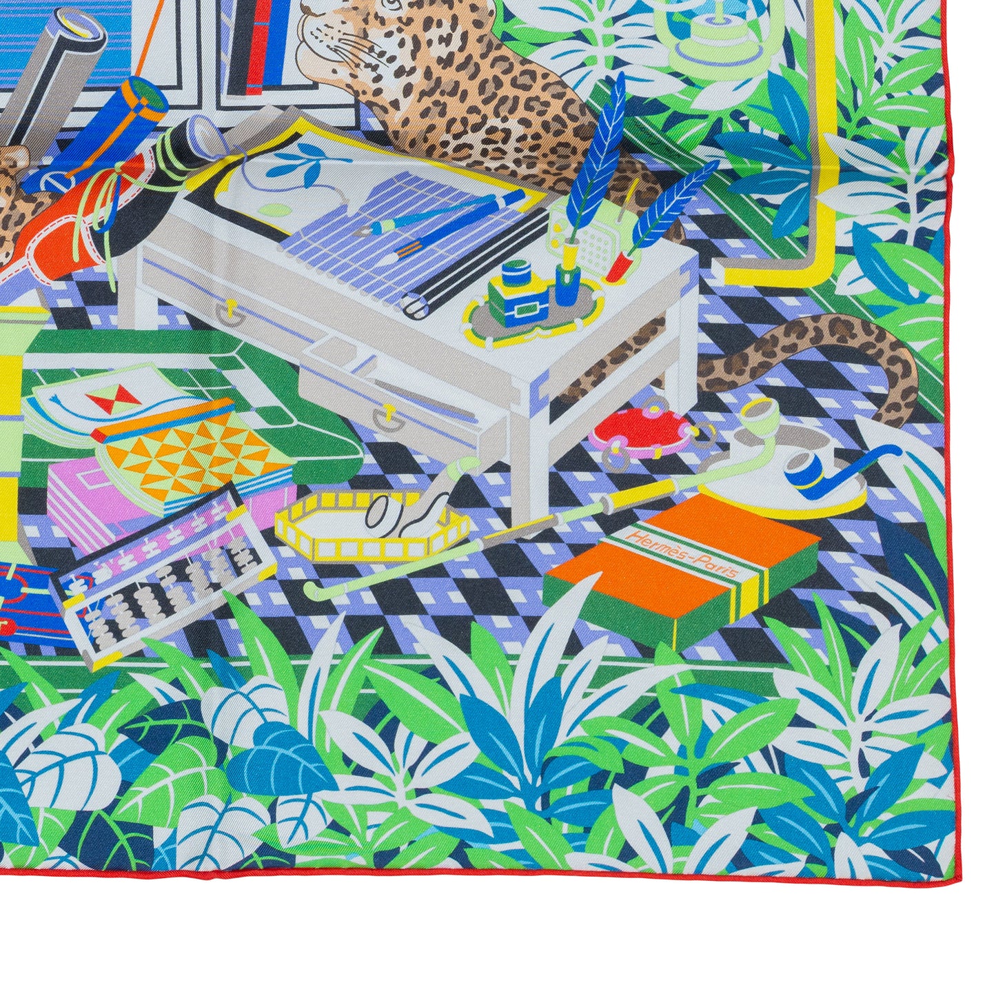 Hermes Scarf 90 Les Douze Léopards – Double Sided – Rose Bonbon Vert Vif Jaune – NWCTS – 2504281956