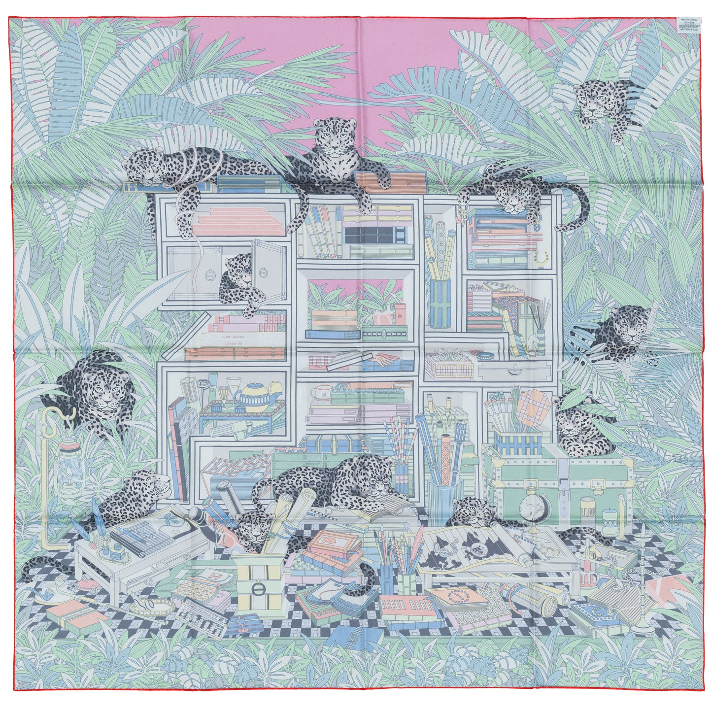 Hermes Scarf 90 Les Douze Léopards – Double Sided – Rose Bonbon Vert Vif Jaune – NWCTS – 2504281956