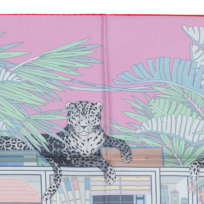 Hermes Scarf 90 Les Douze Léopards – Double Sided – Rose Bonbon Vert Vif Jaune – NWCTS – 2504281956