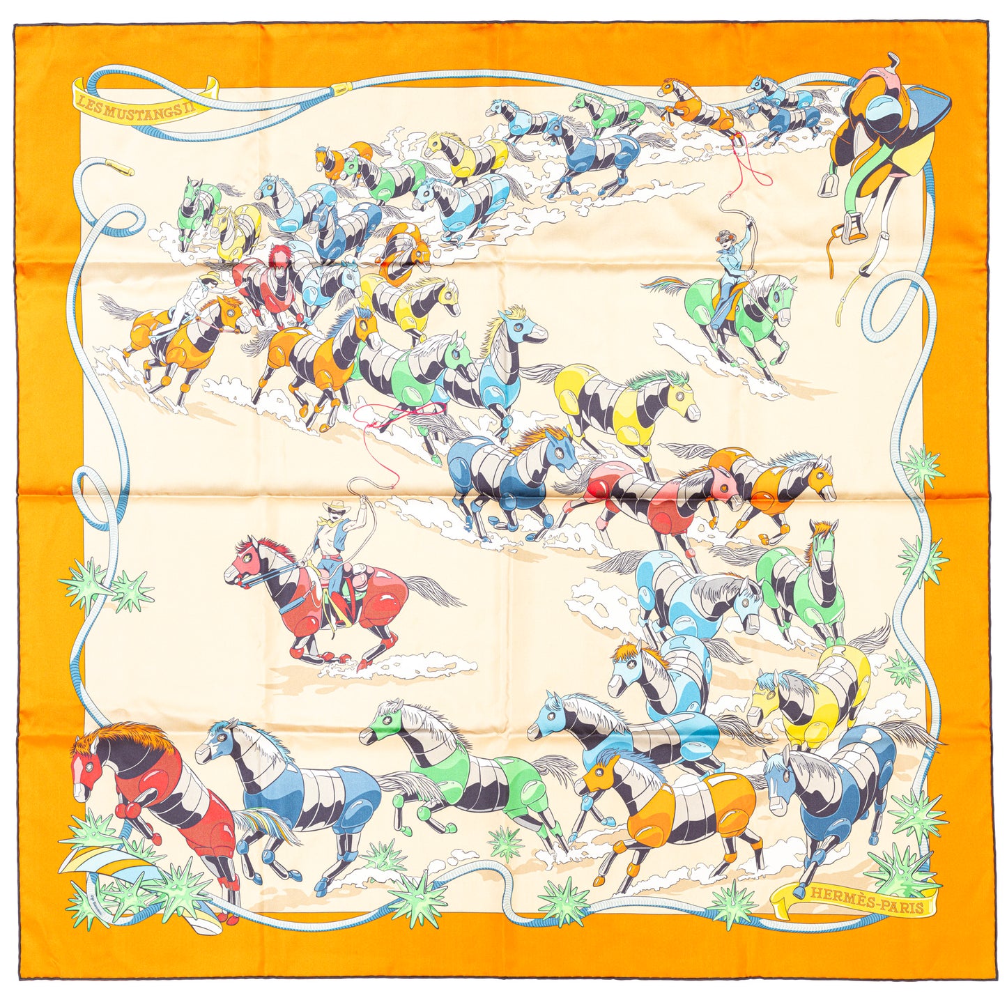 Hermès Silk Scarf 90 - Les Mustangs II - Double Face - Potiron Beige - New - 2511041812