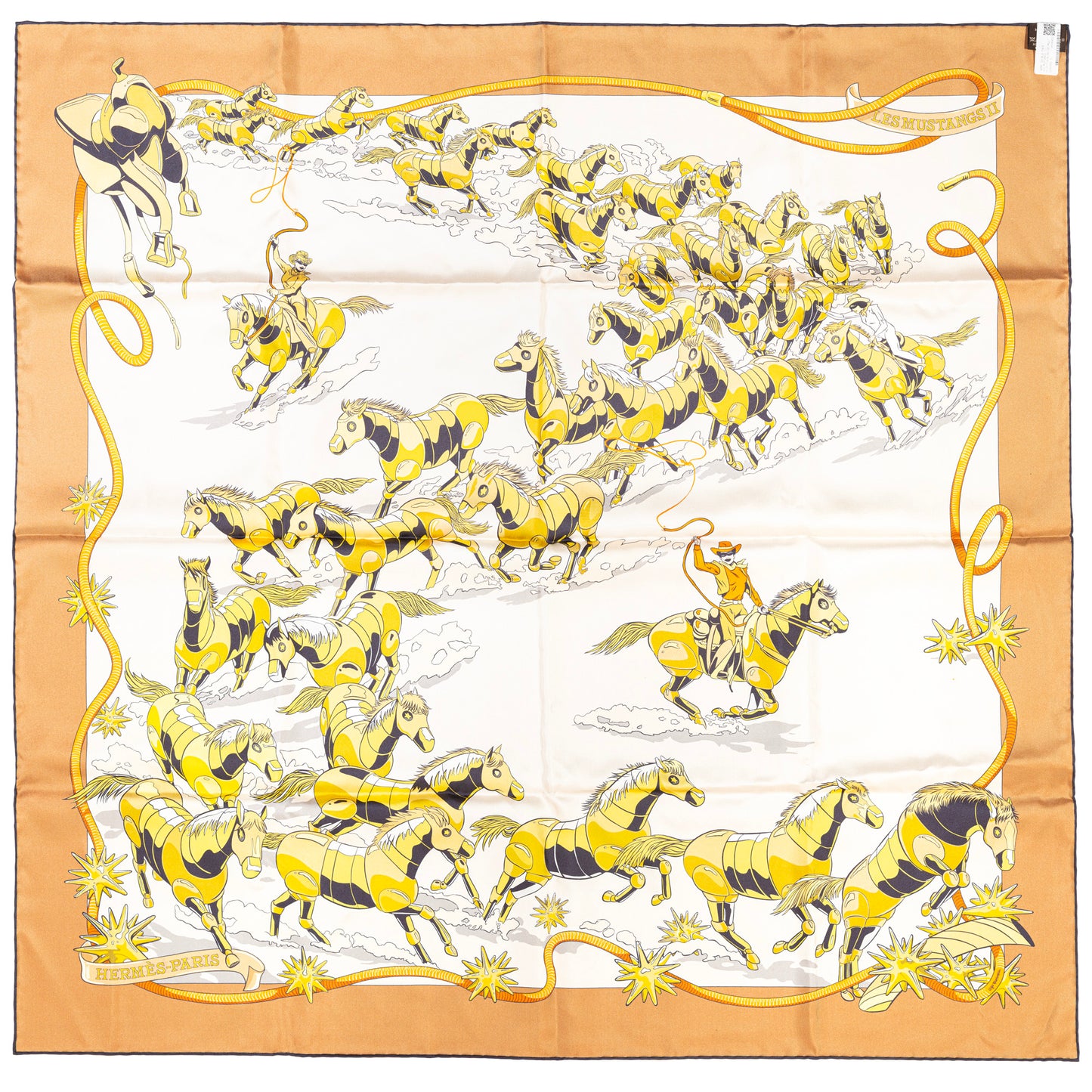 Hermès Silk Scarf 90 - Les Mustangs II - Double Face - Potiron Beige - New - 2511041812