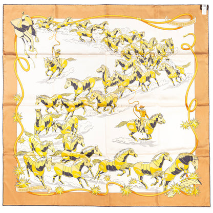 Hermès Silk Scarf 90 - Les Mustangs II - Double Face - Potiron Beige - New - 2511041812