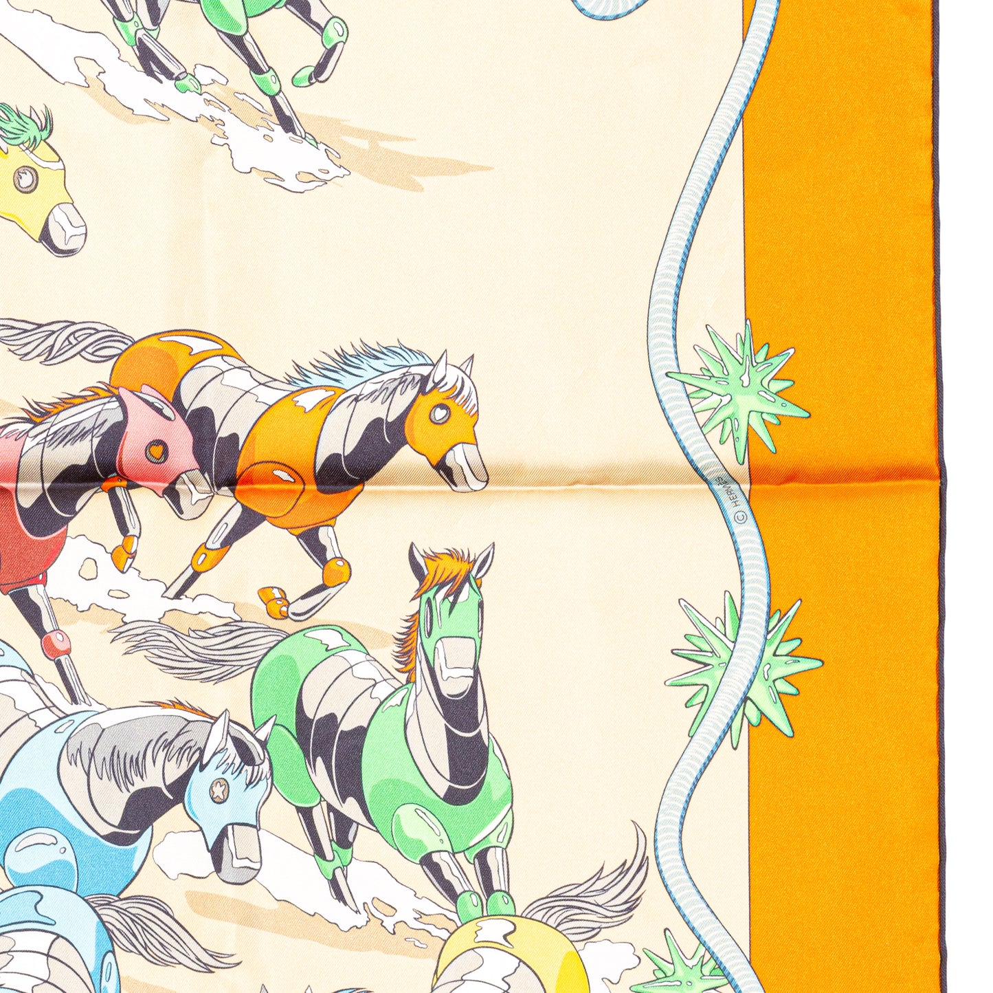 Hermès Silk Scarf 90 - Les Mustangs II - Double Face - Potiron Beige - New - 2511041812