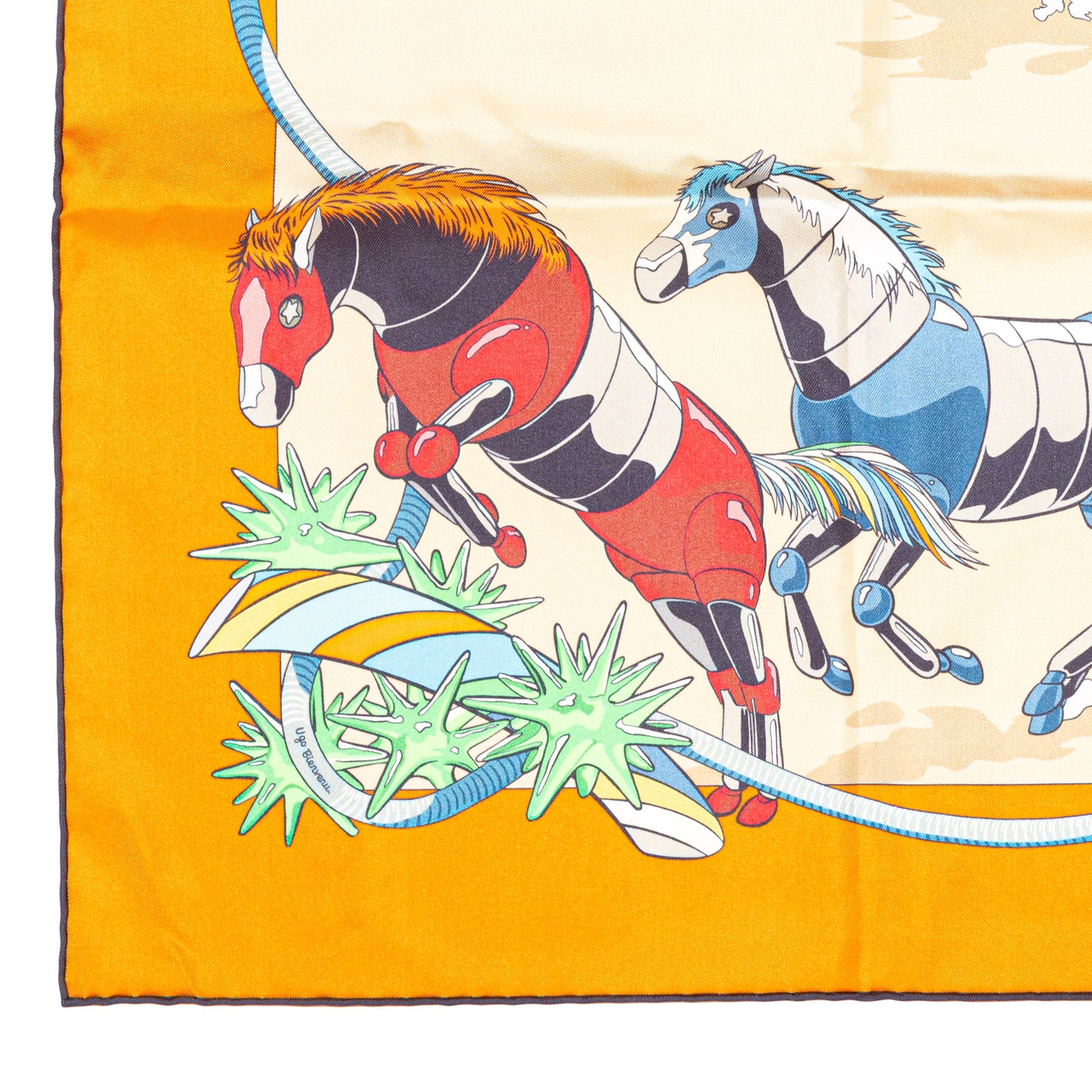 Hermès Silk Scarf 90 - Les Mustangs II - Double Face - Potiron Beige - New - 2511041812