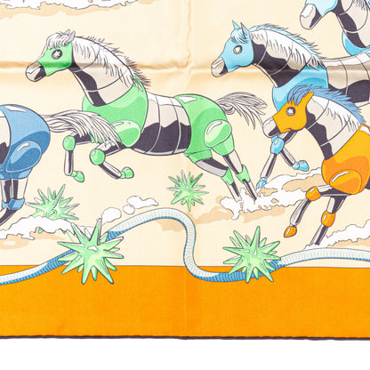 Hermès Silk Scarf 90 - Les Mustangs II - Double Face - Potiron Beige - New - 2511041812
