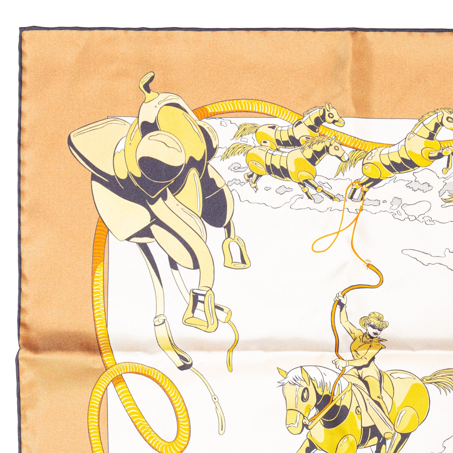 Hermès Silk Scarf 90 - Les Mustangs II - Double Face - Potiron Beige - New - 2511041812