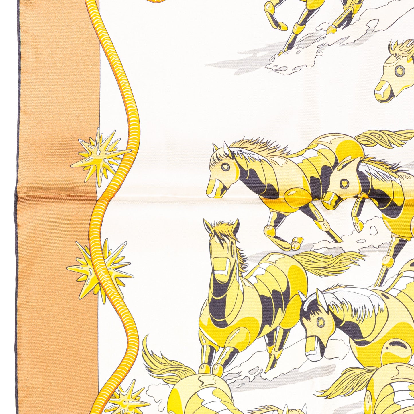 Hermès Silk Scarf 90 - Les Mustangs II - Double Face - Potiron Beige - New - 2511041812