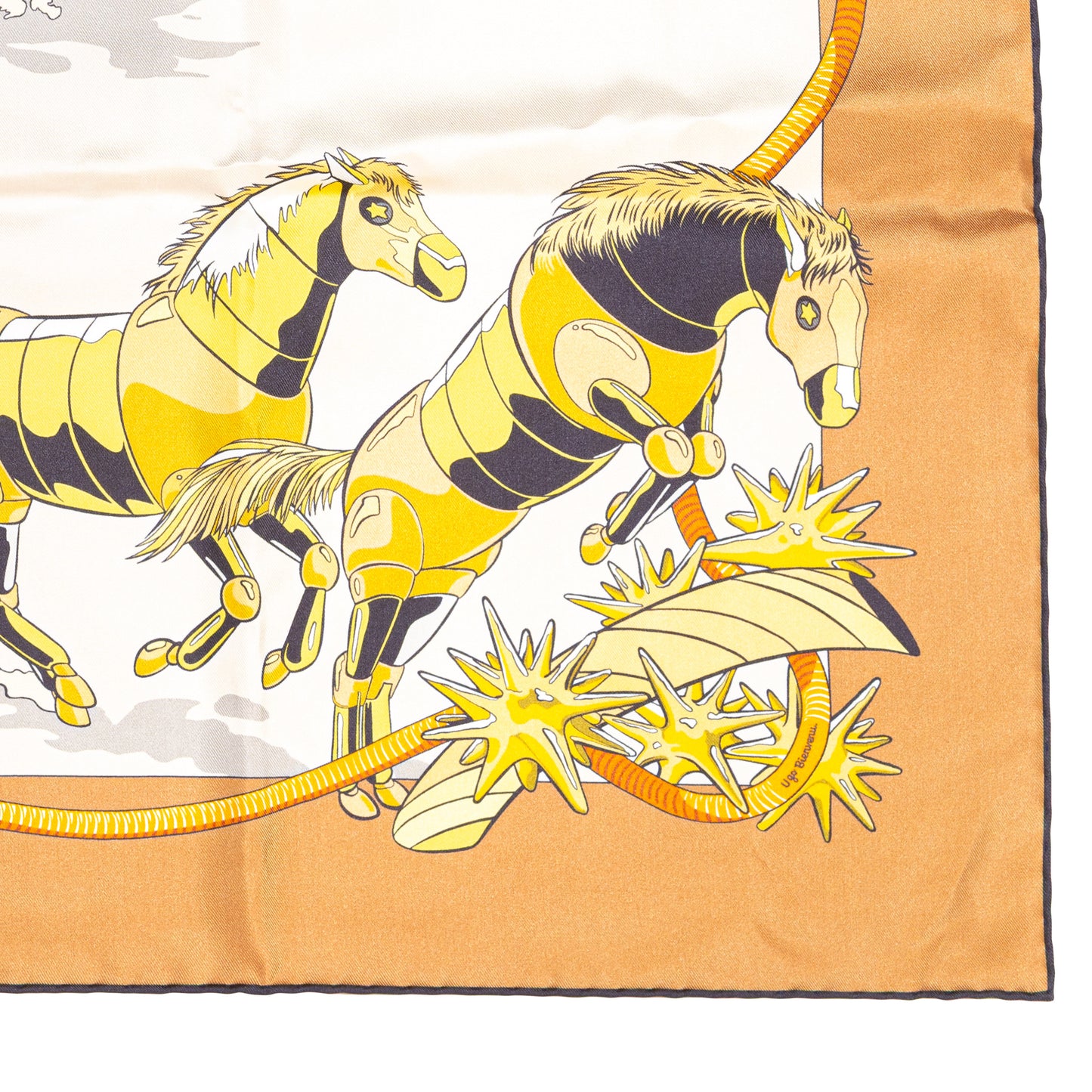 Hermès Silk Scarf 90 - Les Mustangs II - Double Face - Potiron Beige - New - 2511041812
