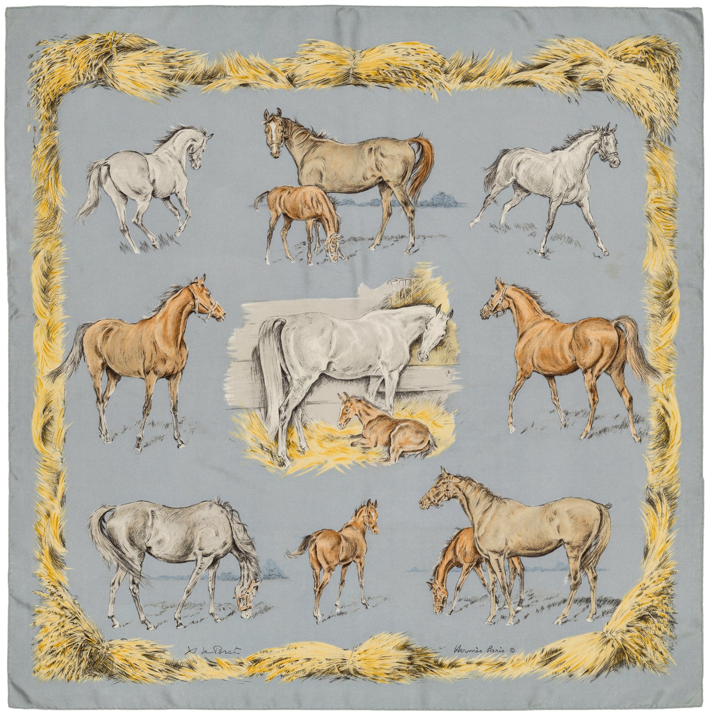 Hermes Silk Scarf Les Poulains - Bleu Gris Jaune Paille - EXCWCT