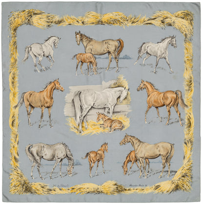 Hermes Silk Scarf Les Poulains - Bleu Gris Jaune Paille - EXCWCT