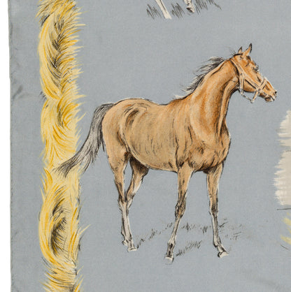 Hermes Silk Scarf Les Poulains - Bleu Gris Jaune Paille - EXCWCT