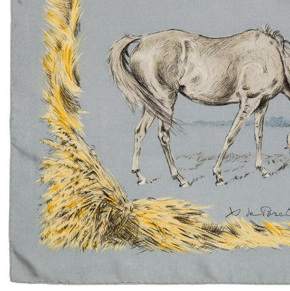 Hermes Silk Scarf Les Poulains - Bleu Gris Jaune Paille - EXCWCT