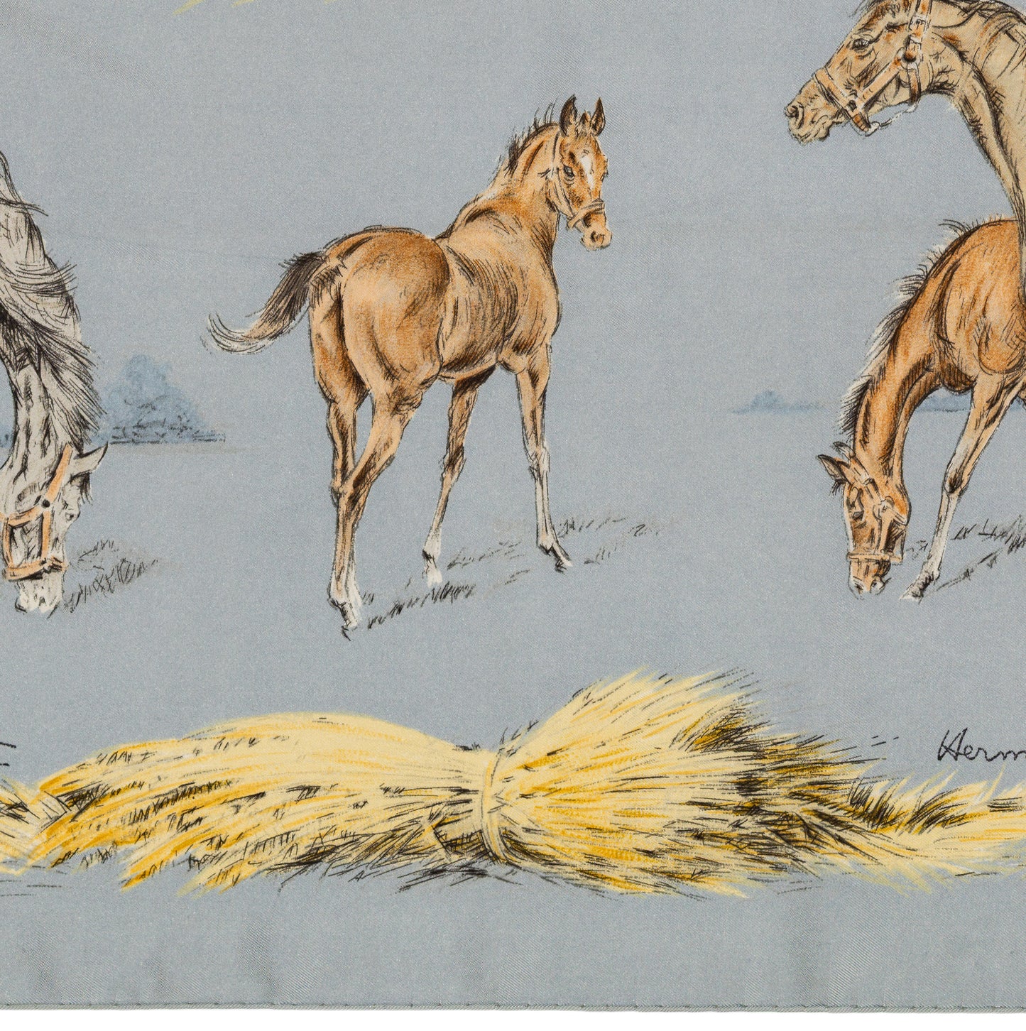Hermes Silk Scarf Les Poulains - Bleu Gris Jaune Paille - EXCWCT