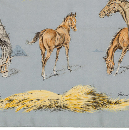 Hermes Silk Scarf Les Poulains - Bleu Gris Jaune Paille - EXCWCT