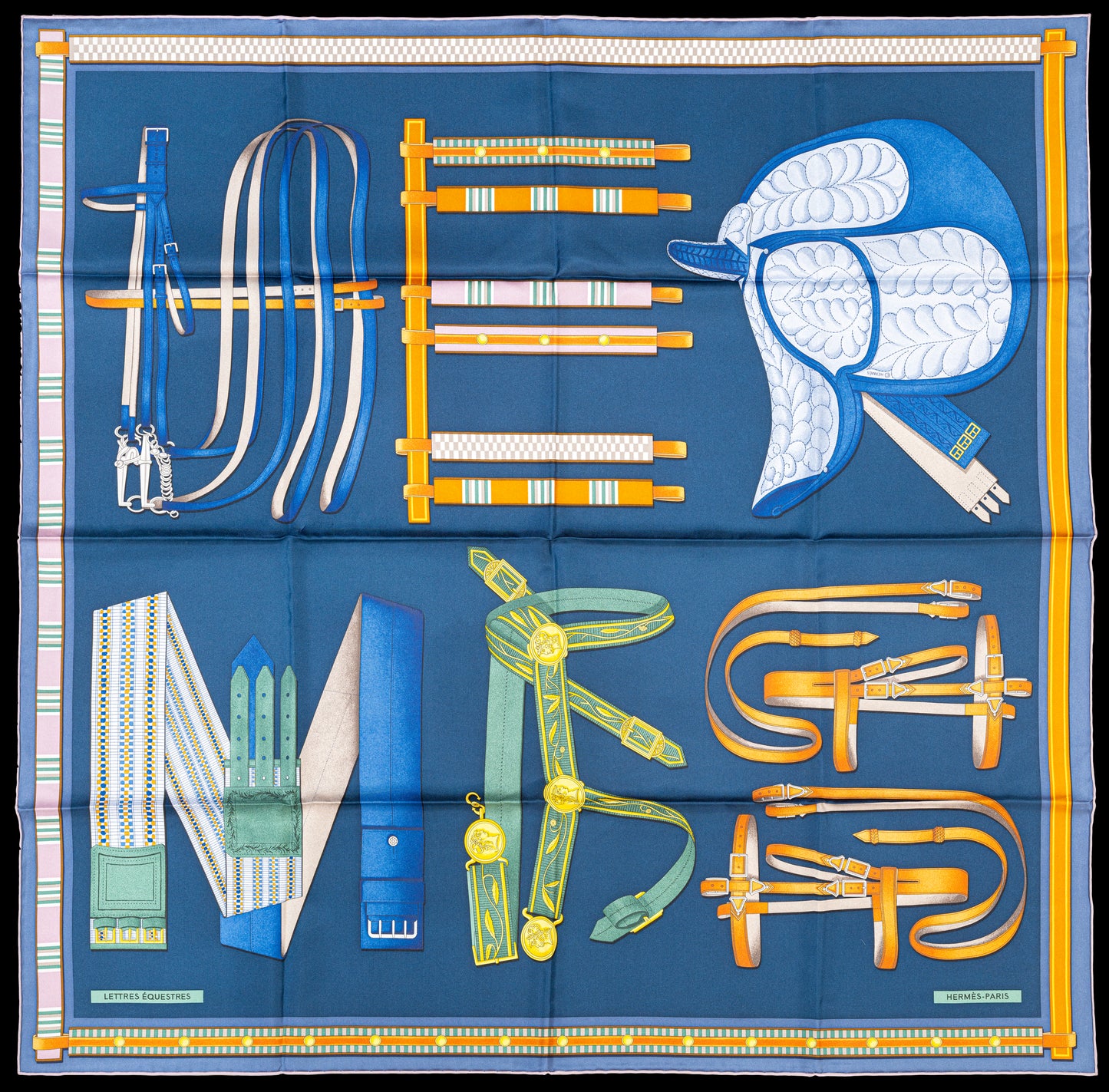 Hermes Silk Scarf Lettres Equestres - Bleu Ardoise Vert - New Store Tag