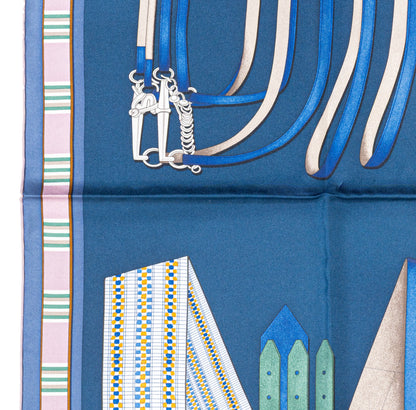 Hermes Silk Scarf Lettres Equestres - Bleu Ardoise Vert - New Store Tag