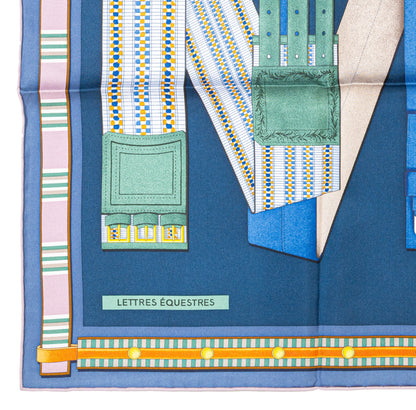 Hermes Silk Scarf Lettres Equestres - Bleu Ardoise Vert - New Store Tag
