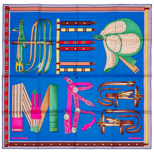 Hermes Silk Scarf Lettres Équestres - Bleu Azur Vert Rose Bonbon - NWSTS - 2507101641