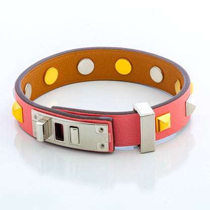 Hermes Mini Dog Clous Ronds Bracelet - Rose Azalee Calfskin - Gold Silver Buckle New