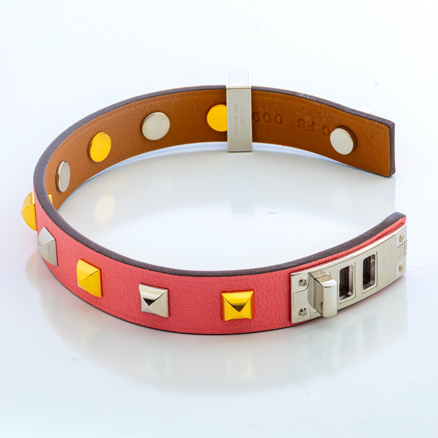 Hermes Mini Dog Clous Ronds Bracelet - Rose Azalee Calfskin - Gold Silver Buckle New