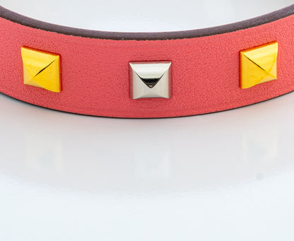 Hermes Mini Dog Clous Ronds Bracelet - Rose Azalee Calfskin - Gold Silver Buckle New