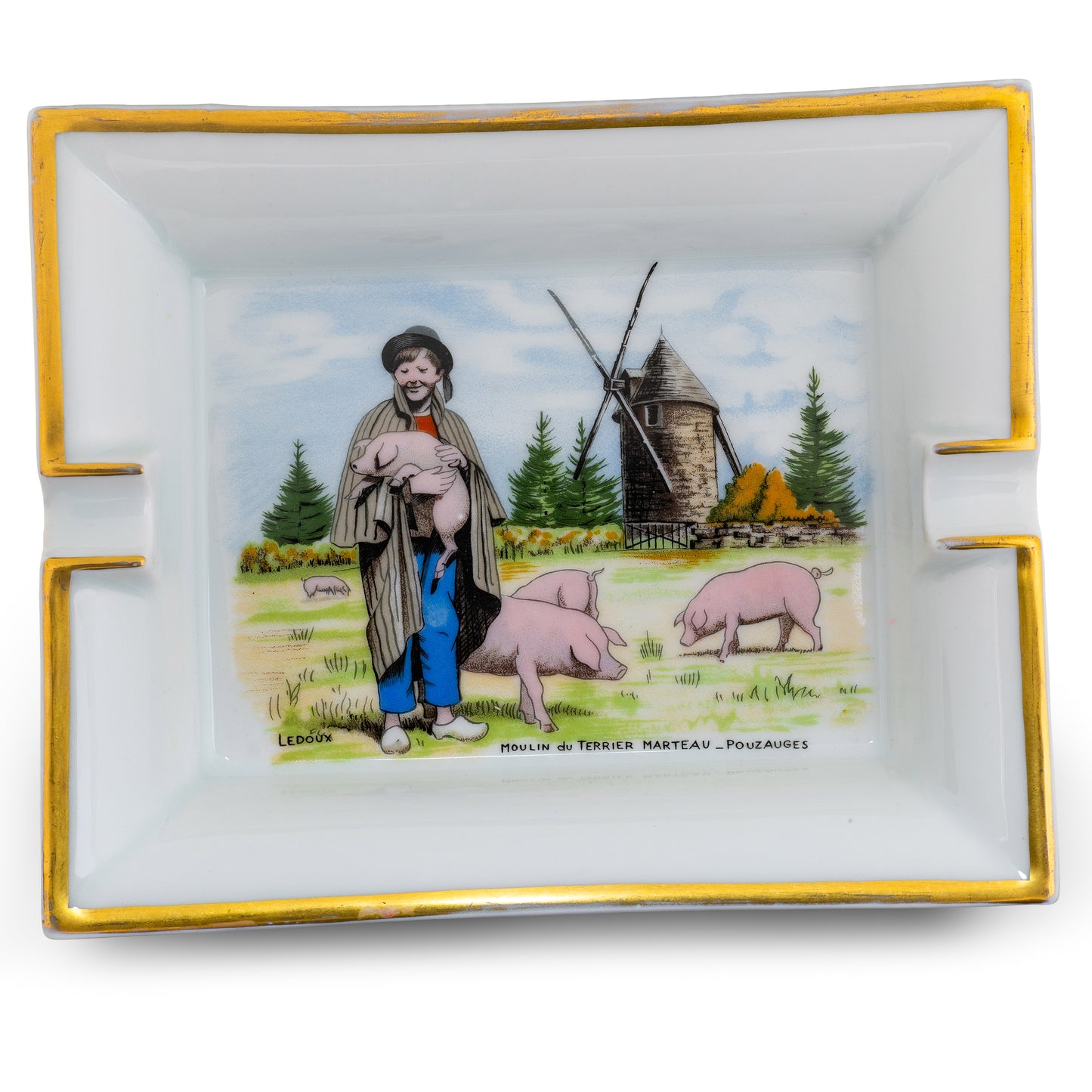 Auth. Hermes Ashtray Moulin du Terrier Marteau - Pouzauges - Porcelain Gold Trims EXC Rare 2412281542