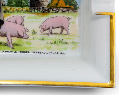 Auth. Hermes Ashtray Moulin du Terrier Marteau - Pouzauges - Porcelain Gold Trims EXC Rare 2412281542