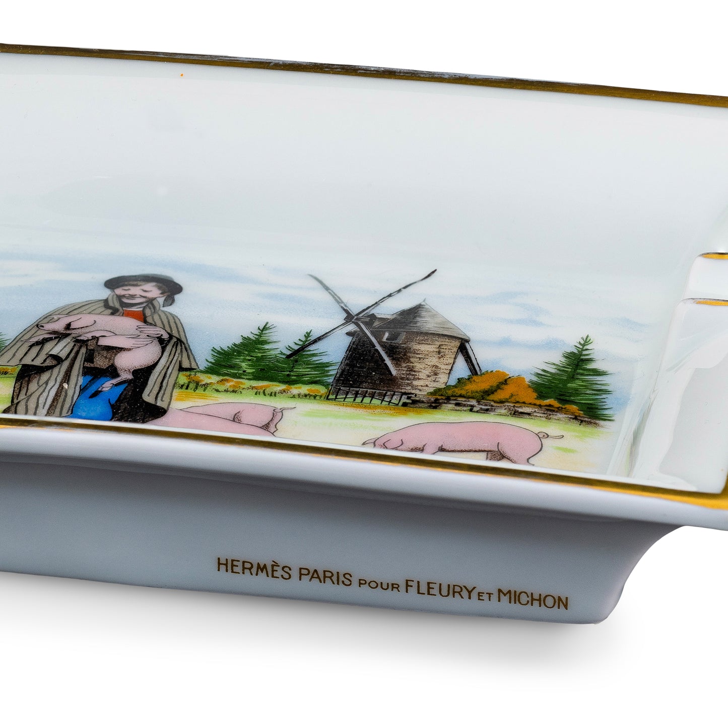 Auth. Hermes Ashtray Moulin du Terrier Marteau - Pouzauges - Porcelain Gold Trims EXC Rare 2412281542