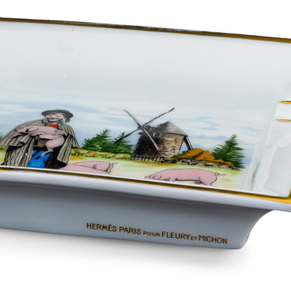 Auth. Hermes Ashtray Moulin du Terrier Marteau - Pouzauges - Porcelain Gold Trims EXC Rare 2412281542