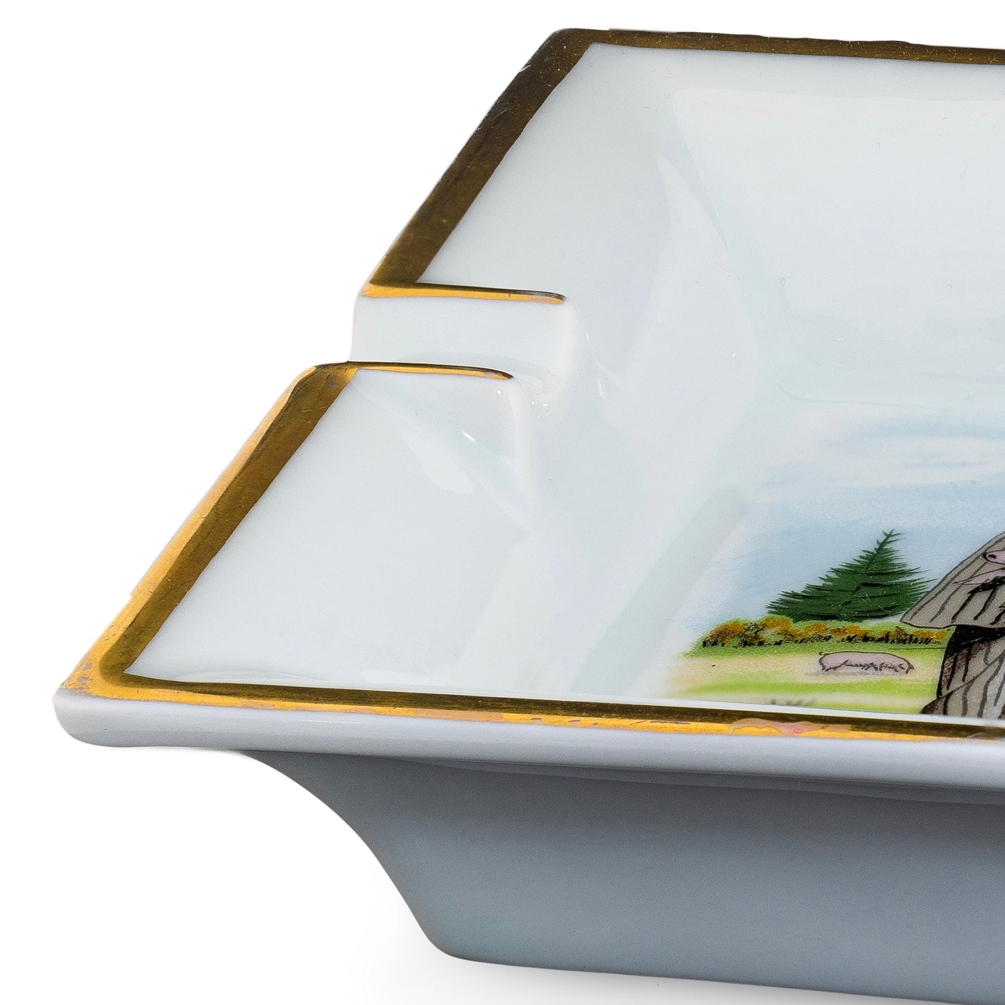 Auth. Hermes Ashtray Moulin du Terrier Marteau - Pouzauges - Porcelain Gold Trims EXC Rare 2412281542