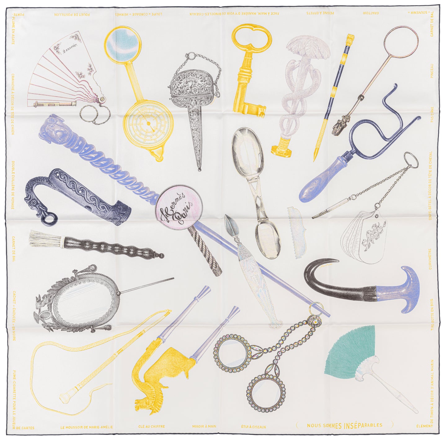 Hermes Silk Scarf Nous Sommes Inseparable - Blanc Gold Violet - New With Tag