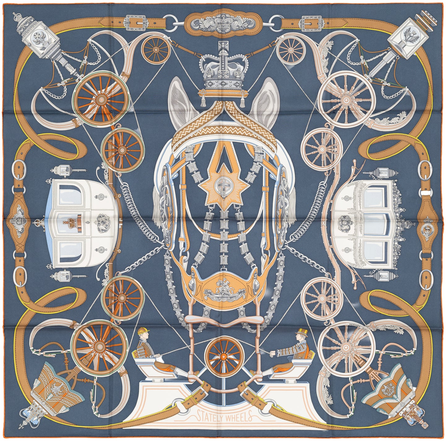 Hermes Silk Scarf Stately Wheels - Bleu Ardoise Blanc - NWSTS - 2604131738
