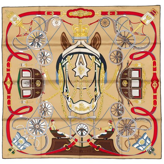Hermes Silk Scarf - Stately Wheels - Sable Brun Rouge - New Store Tag - 2604131715